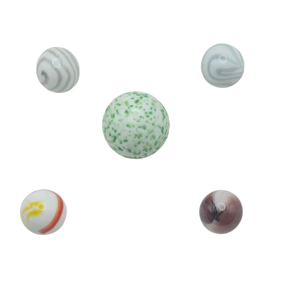 Lot Of 5 Vintage Glass Marbles White Swirl Speckled Green Red Brown Collectible